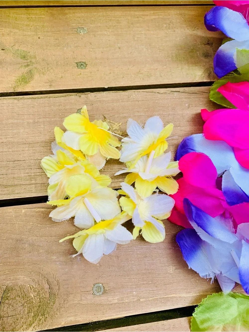 Vibrant Pink & Blue Tropical Flower Lei necklace with Yellow bracket style lei